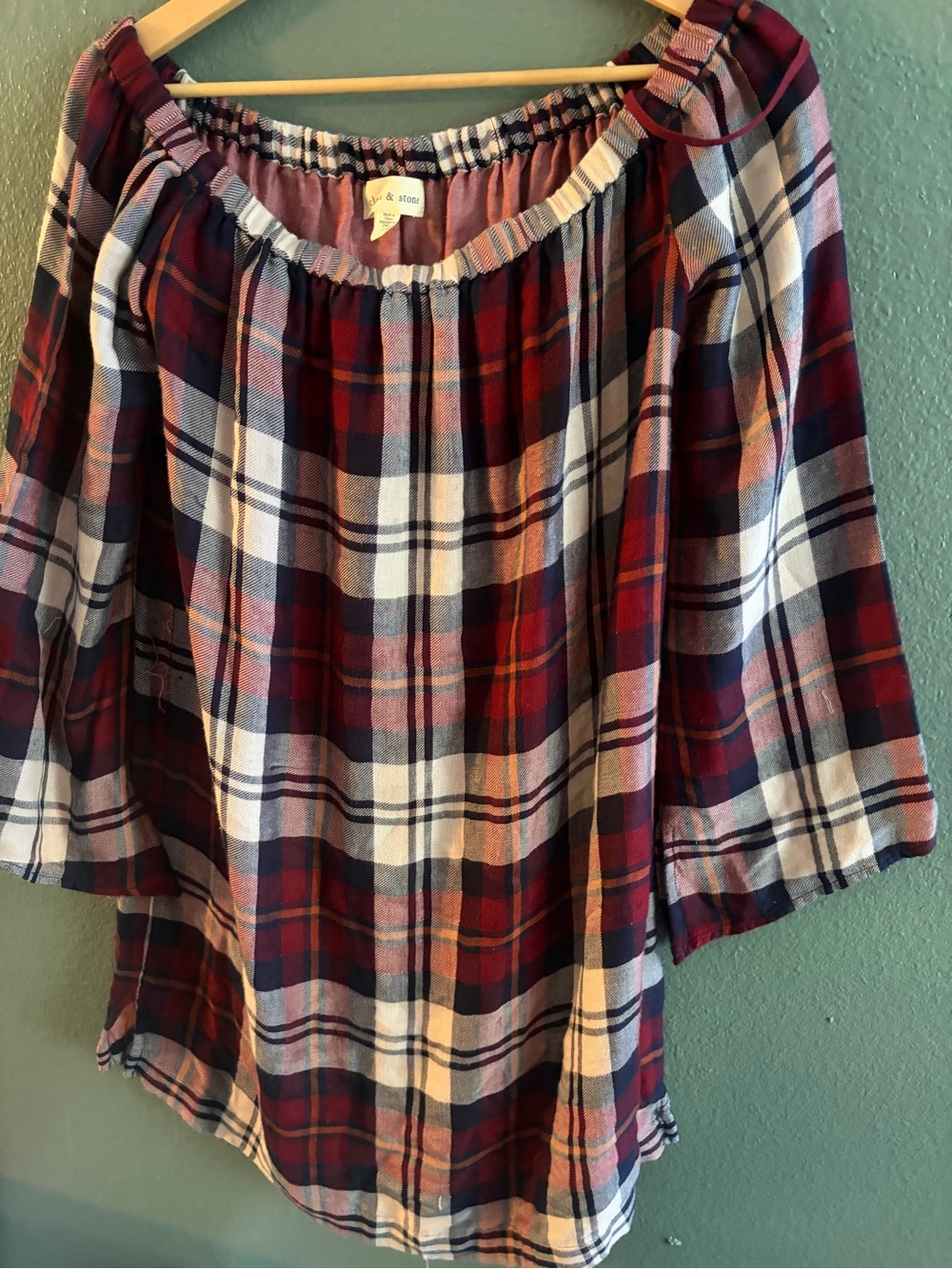 cloth & stone Burgundy Navy and White Plaid Off-Shoulder Top